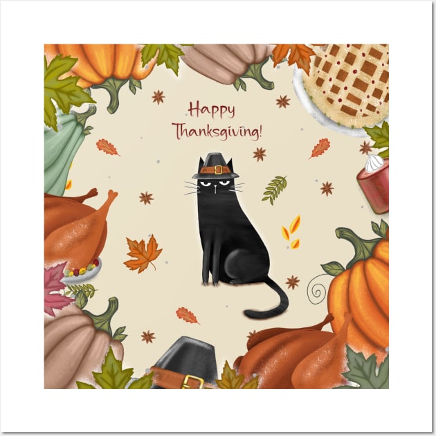 Happy Thanksgiving card in cartoon style with cat for Happy celebration Wall Art by Olena Tyshchenko